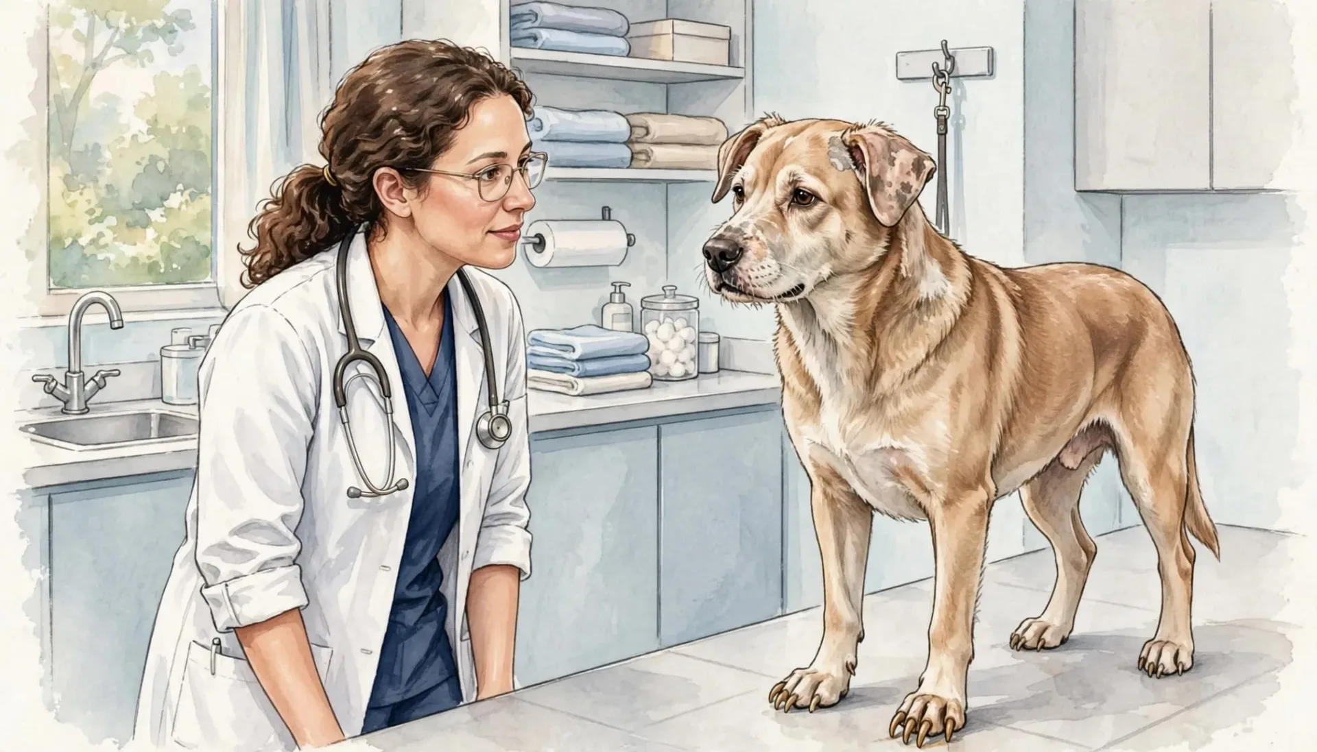 Une v&eacute;t&eacute;rinaire examine un chien sur une table dans un cabinet.