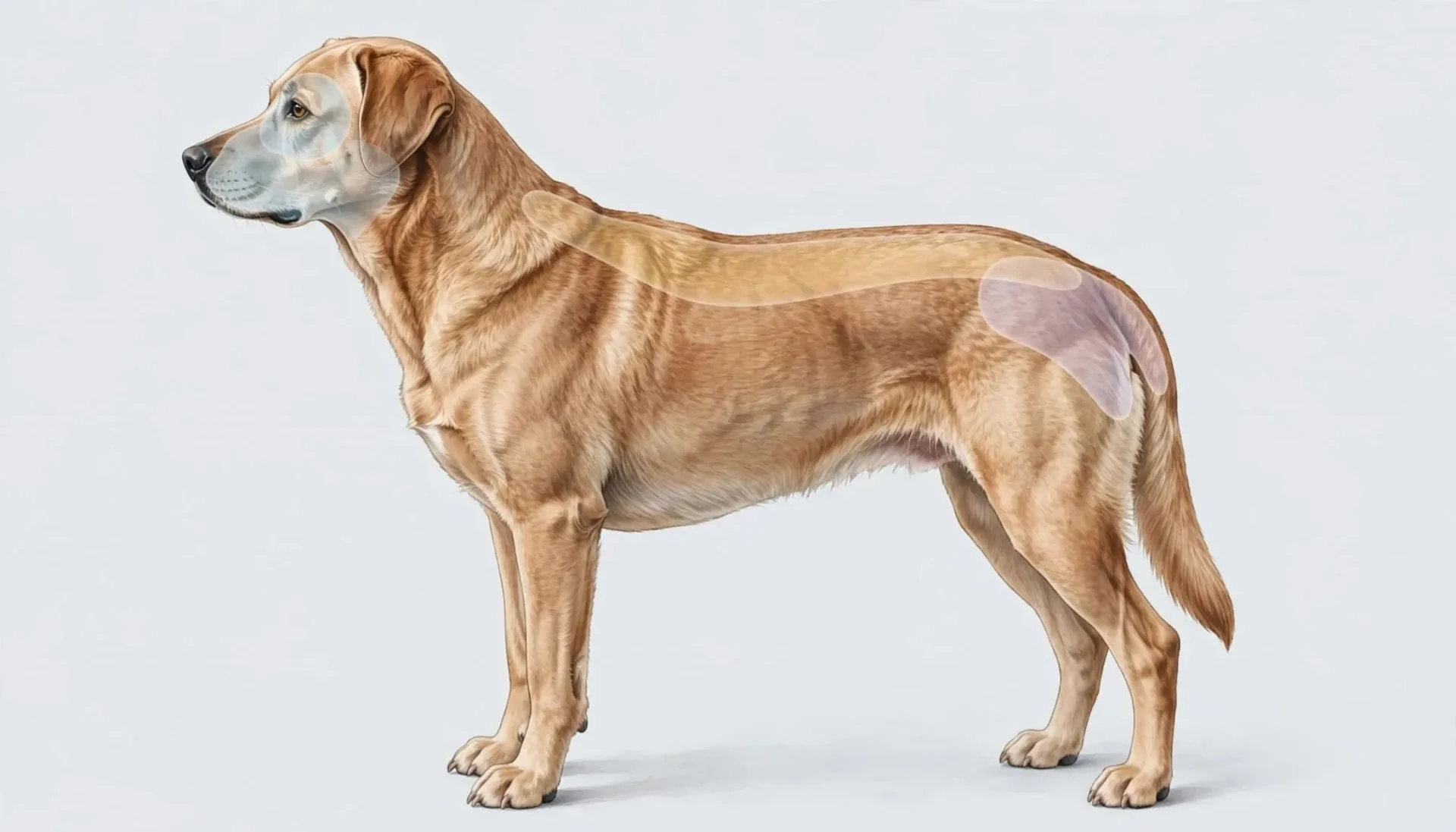 Illustration médicale d'un chien de profil avec des zones surlignées.