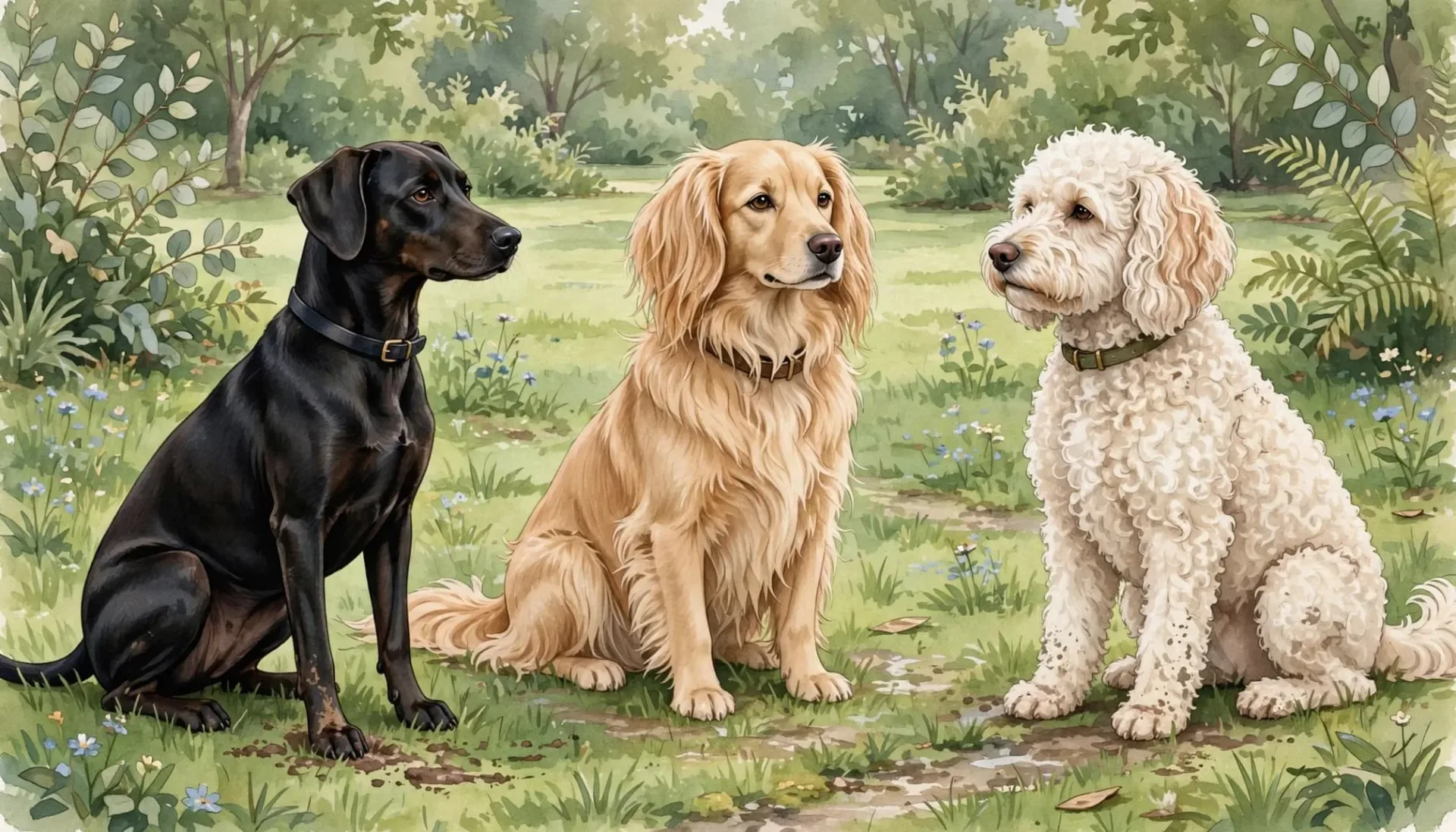 Trois chiens de types différents assis dans un parc verdoyant.