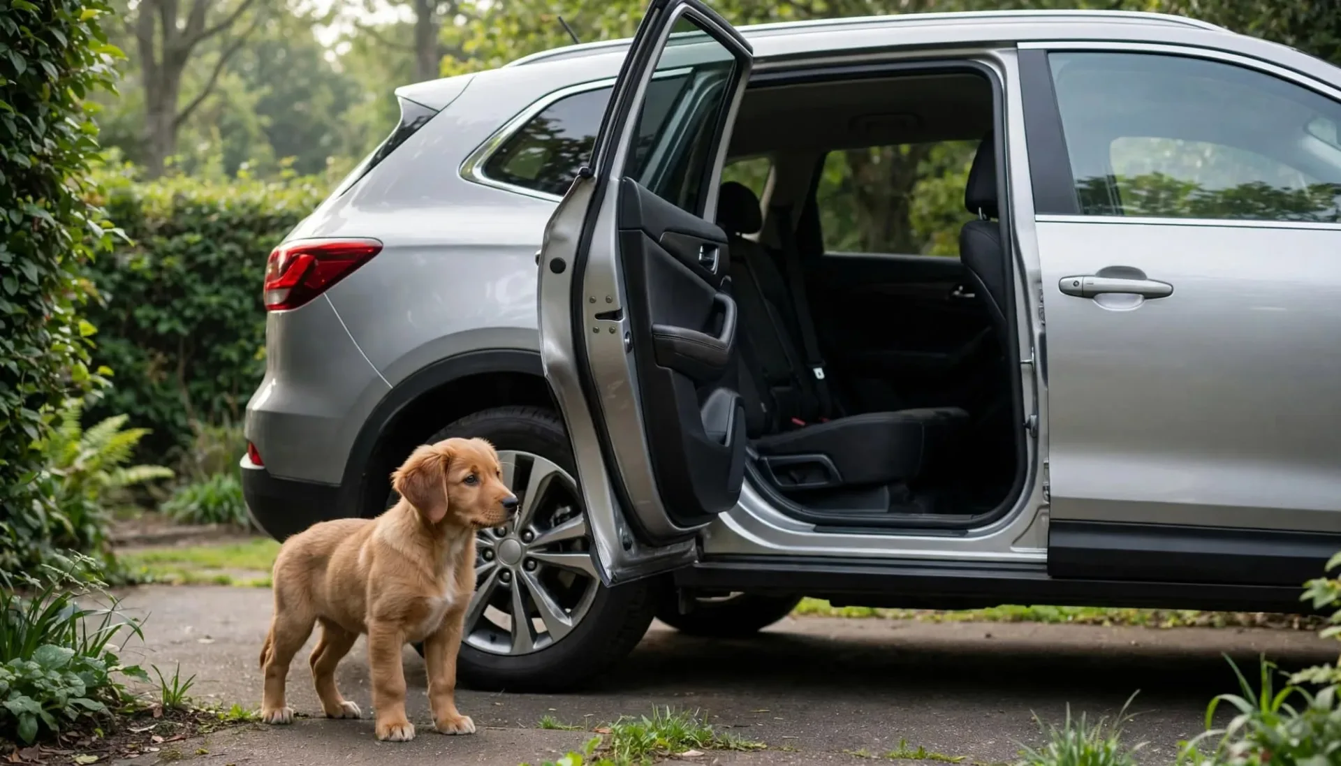 Un jeune chien observe une voiture gar&eacute;e, pr&egrave;s de la porti&egrave;re arri&egrave;re ouverte.