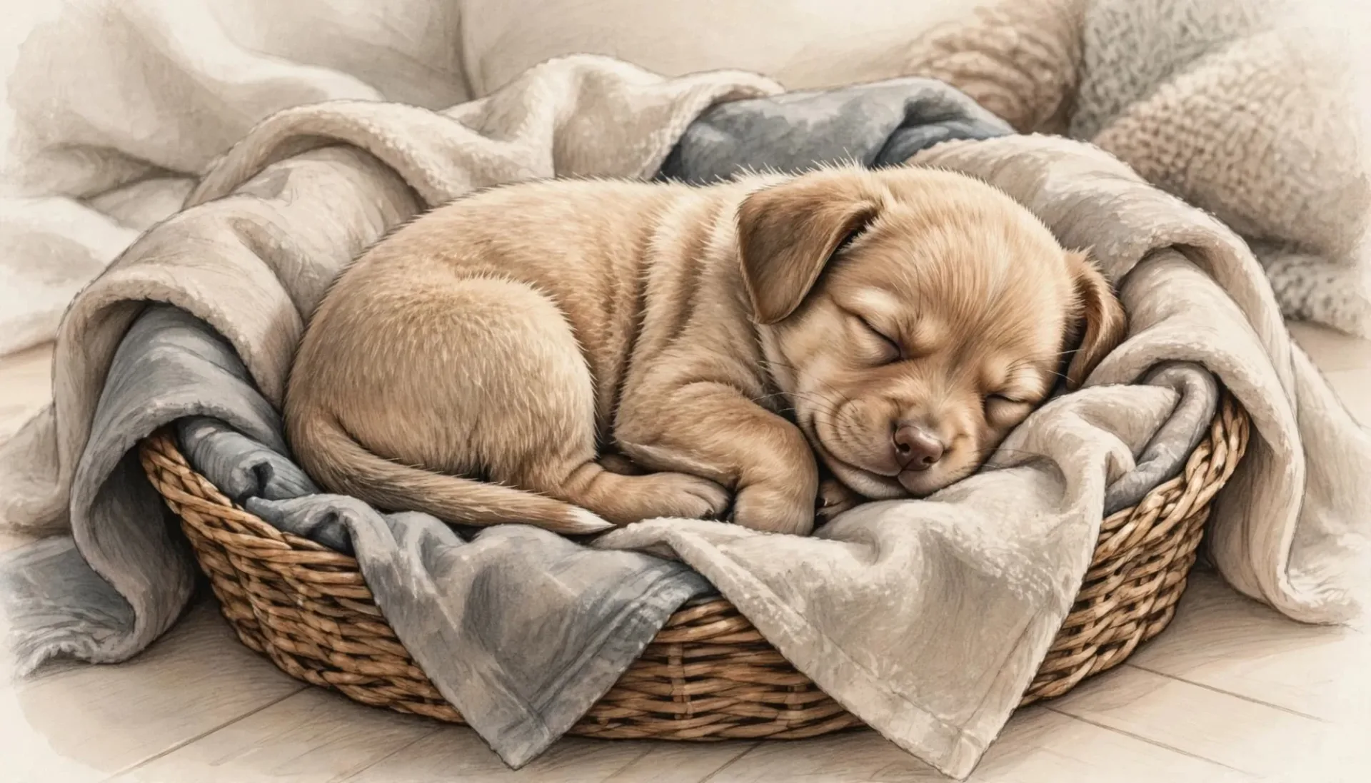 Un chiot blond dort paisiblement dans un panier en osier rempli de couvertures.