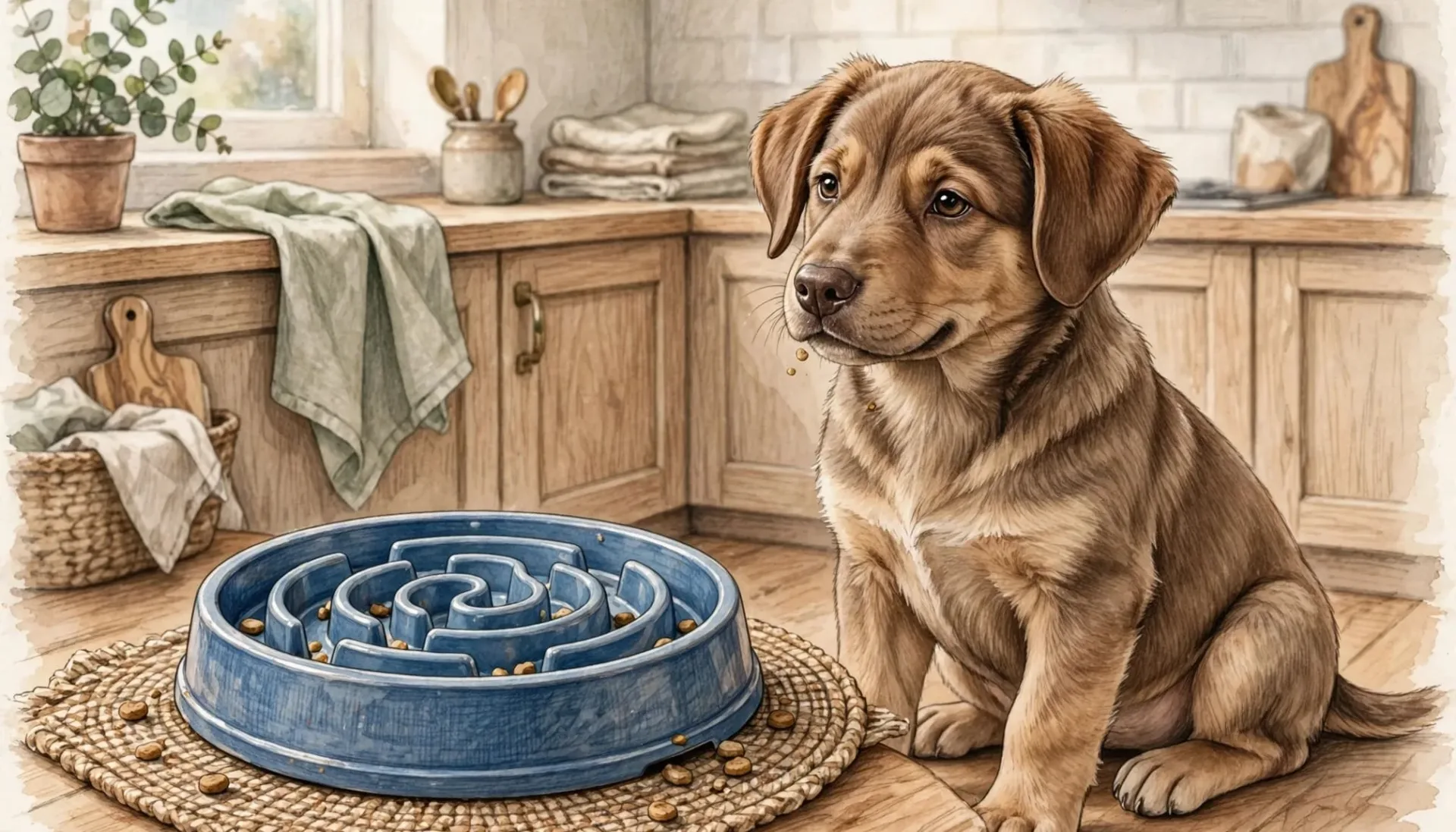 Illustration d'un chiot assis &agrave; c&ocirc;t&eacute; d'une gamelle anti-glouton bleue dans une cuisine.