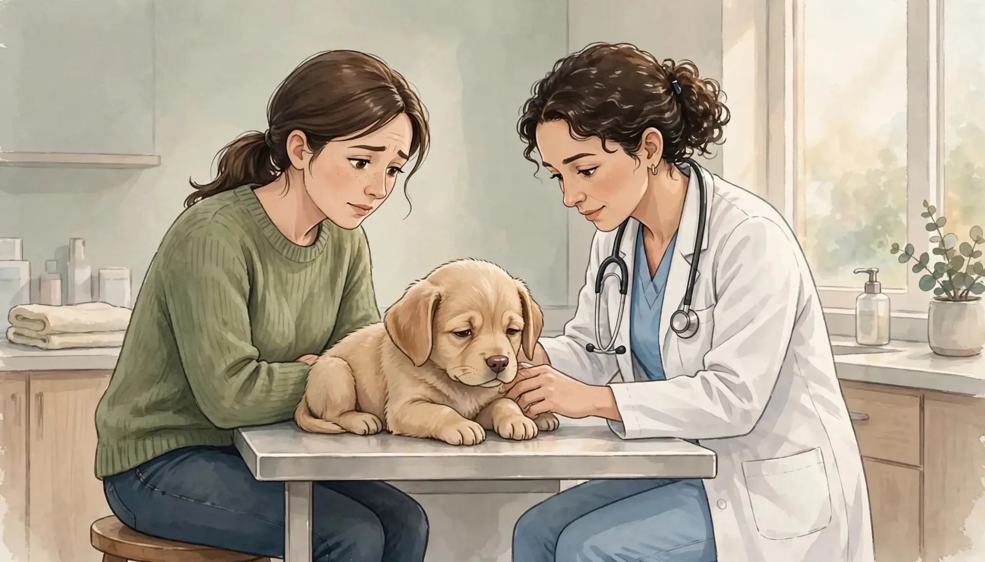 Une v&eacute;t&eacute;rinaire examine un chiot fatigu&eacute; sur une table aux c&ocirc;t&eacute;s de sa propri&eacute;taire.