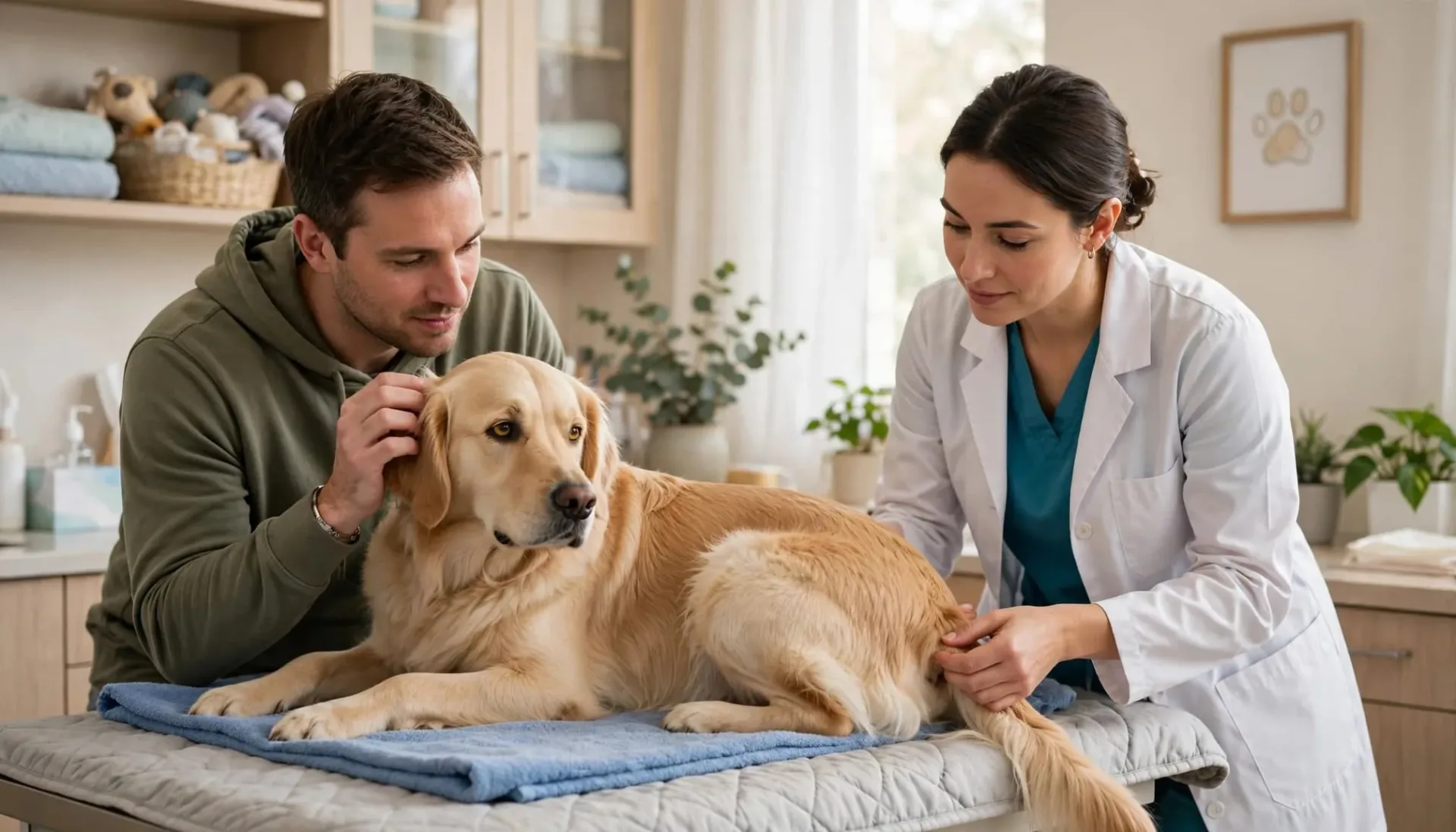 Un vétérinaire examine un chien calme tandis que son propriétaire le rassure.