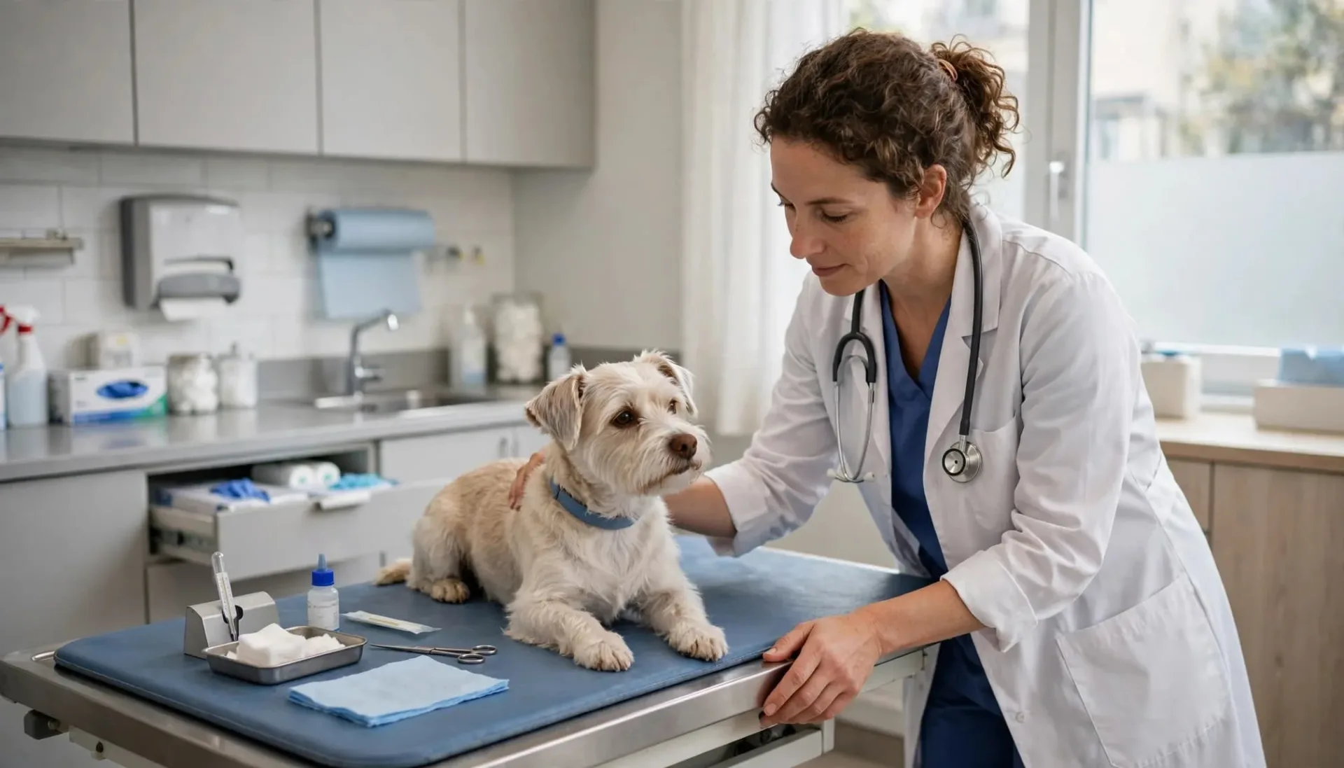 Une vétérinaire examine un petit chien sur une table de consultation.