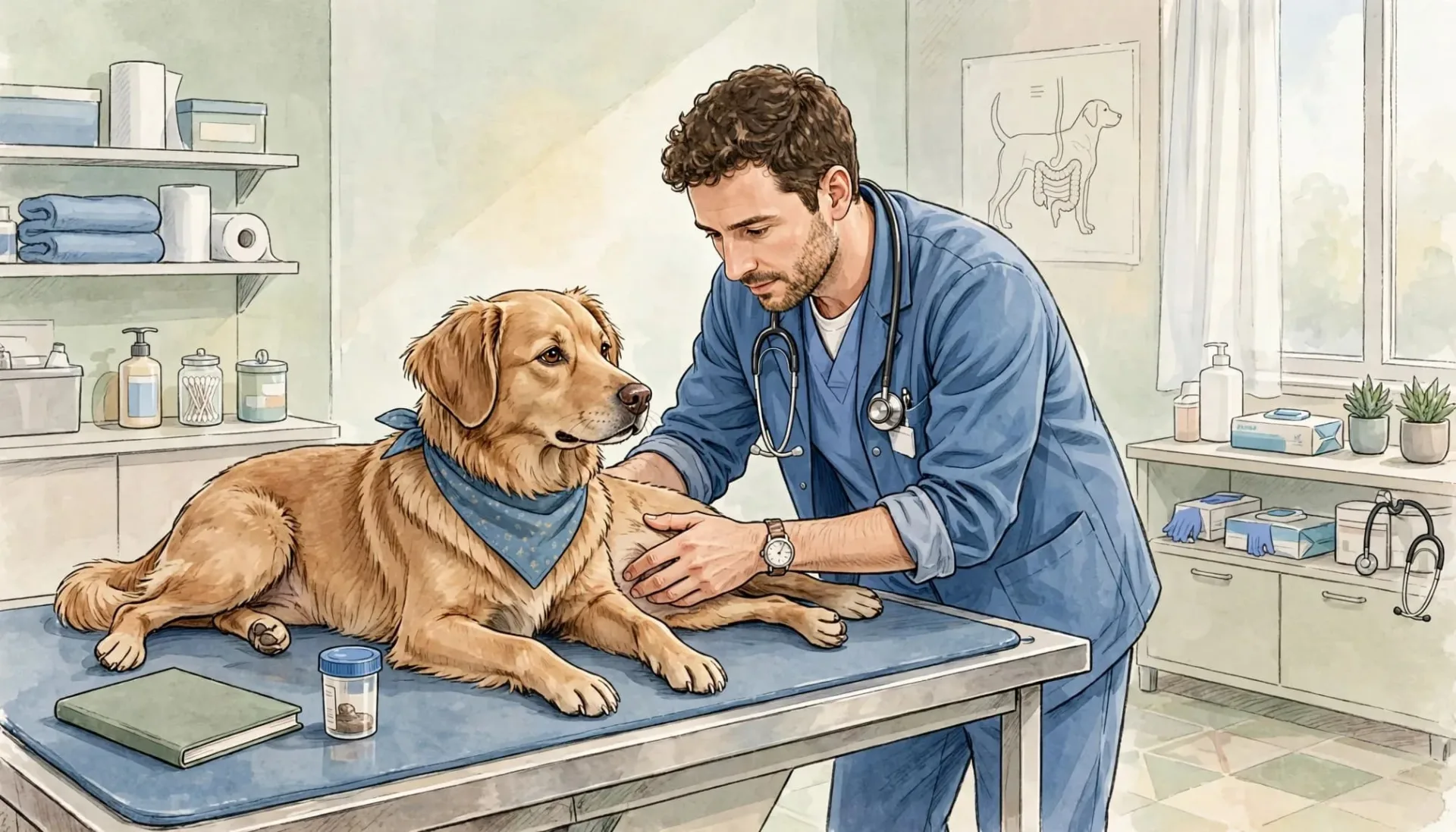 Illustration d'un vétérinaire examinant un chien sur une table de consultation.