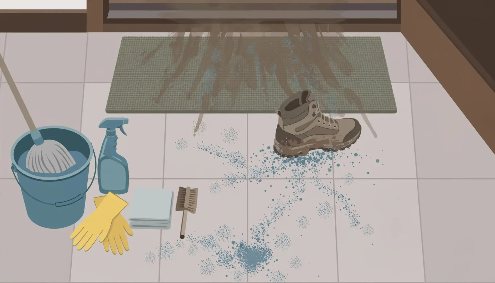 Une chaussure boueuse sur un sol carrel&eacute; avec des produits de nettoyage et des traces de contamination.