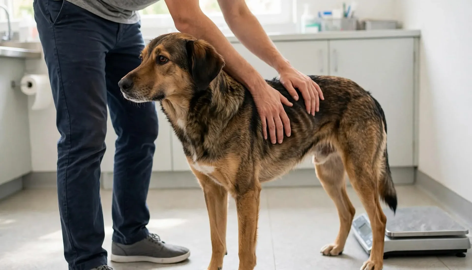 Un propriétaire palpe doucement les côtes d'un chien près d'une balance.