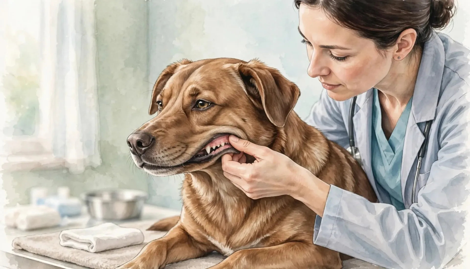 Un v&eacute;t&eacute;rinaire examine la gencive d'un chien de taille moyenne dans un cabinet lumineux.
