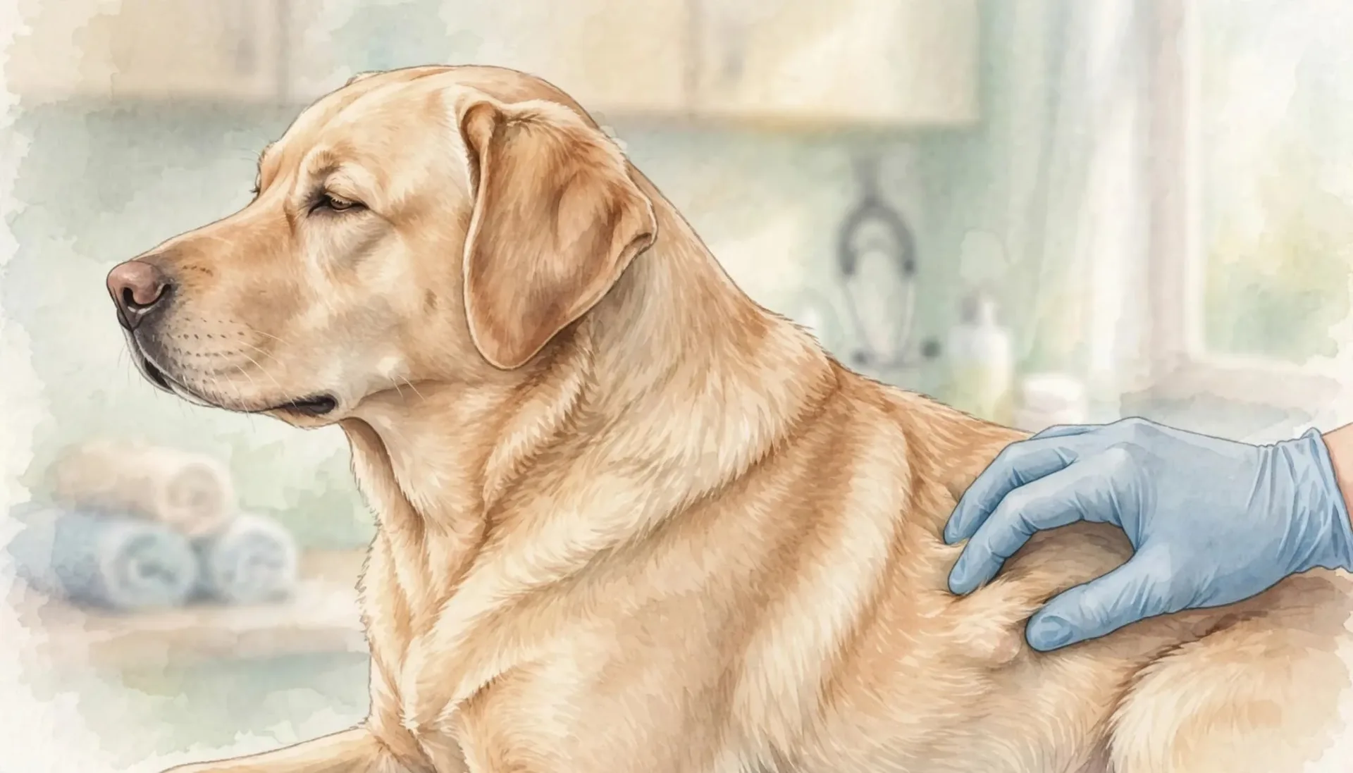 Un chien calme est examin&eacute; par une main gant&eacute;e qui touche son flanc dans un cabinet v&eacute;t&eacute;rinaire.
