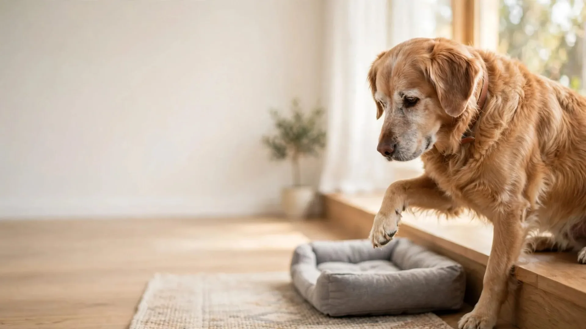 Un chien âgé hésite devant une marche, près d’un tapis et d’un coussin.