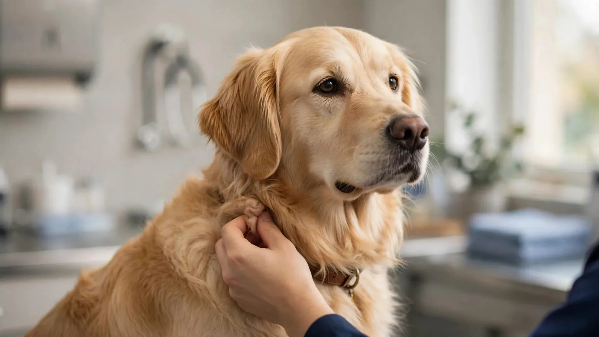 Un vétérinaire examine une petite boule sous le pelage d’un golden retriever.