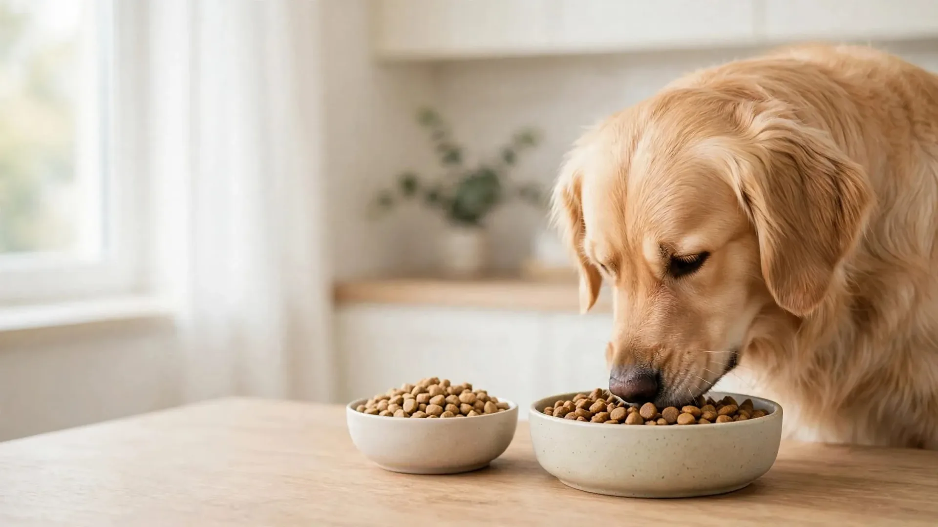 Un chien mange des croquettes, avec une seconde gamelle posée à côté.