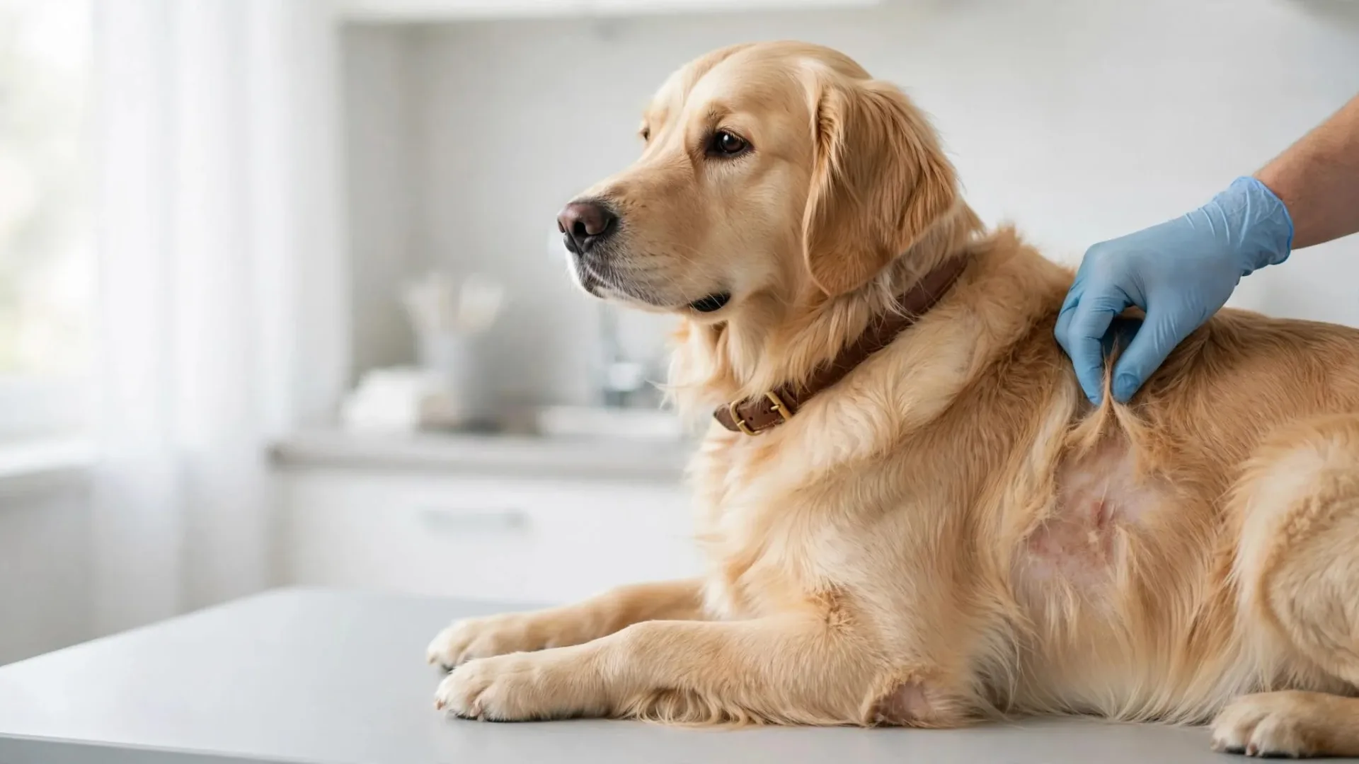Un vétérinaire examine une petite zone de peau irritée sur le flanc d’un golden retriever.