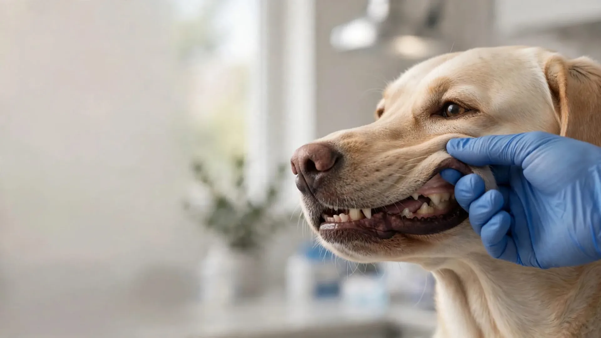 Un vétérinaire examine les gencives pâles d’un chien calme.