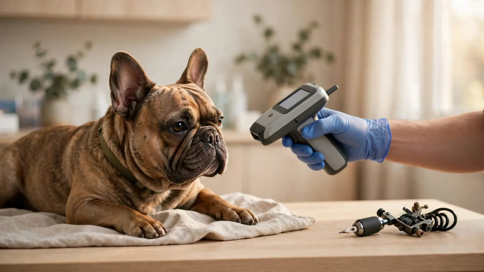Un bouledogue français près d’un lecteur de puce et d’un outil de tatouage.
