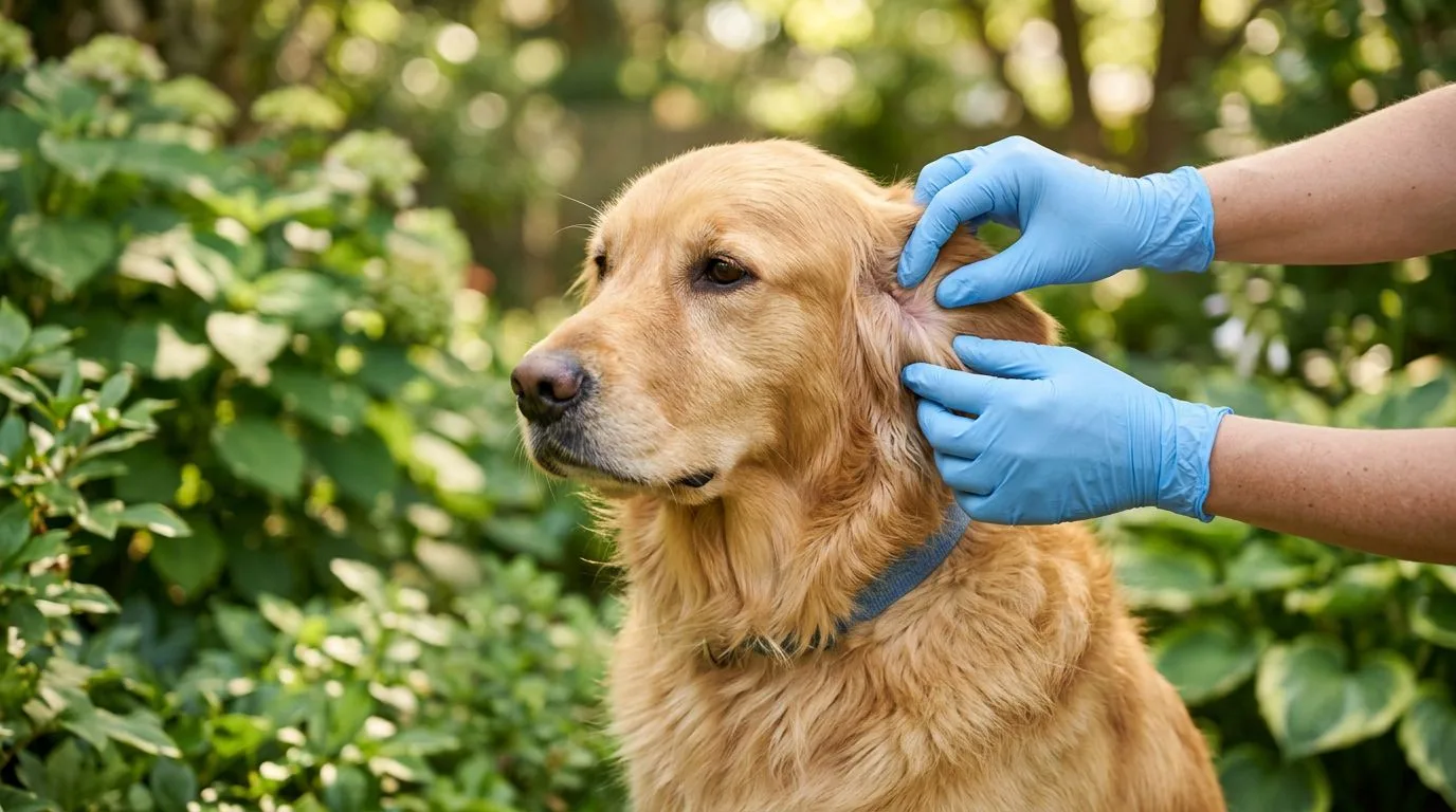 Un vétérinaire examine le pelage d’un golden retriever dans un jardin.