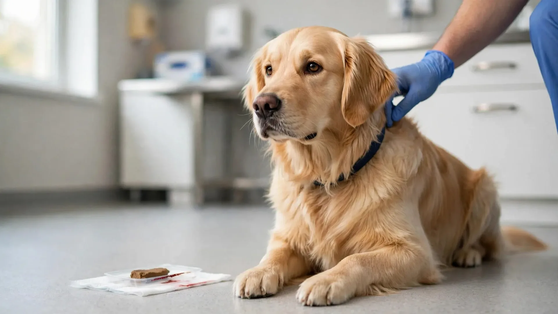 Un golden retriever près d’un échantillon de selles avec une trace rouge, réconforté par une main gantée.