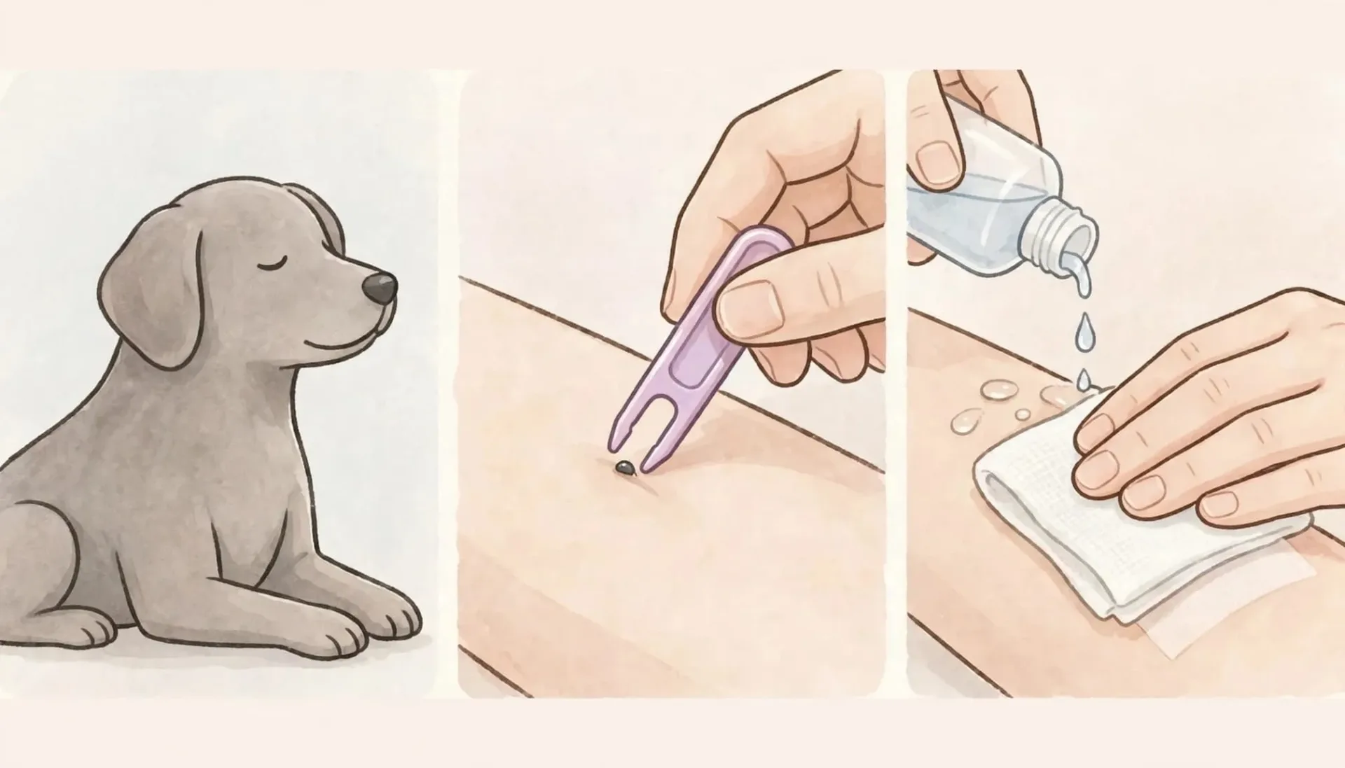 Illustration en trois vignettes montrant un chien, l'utilisation d'une pince à tique et le nettoyage d'une plaie.