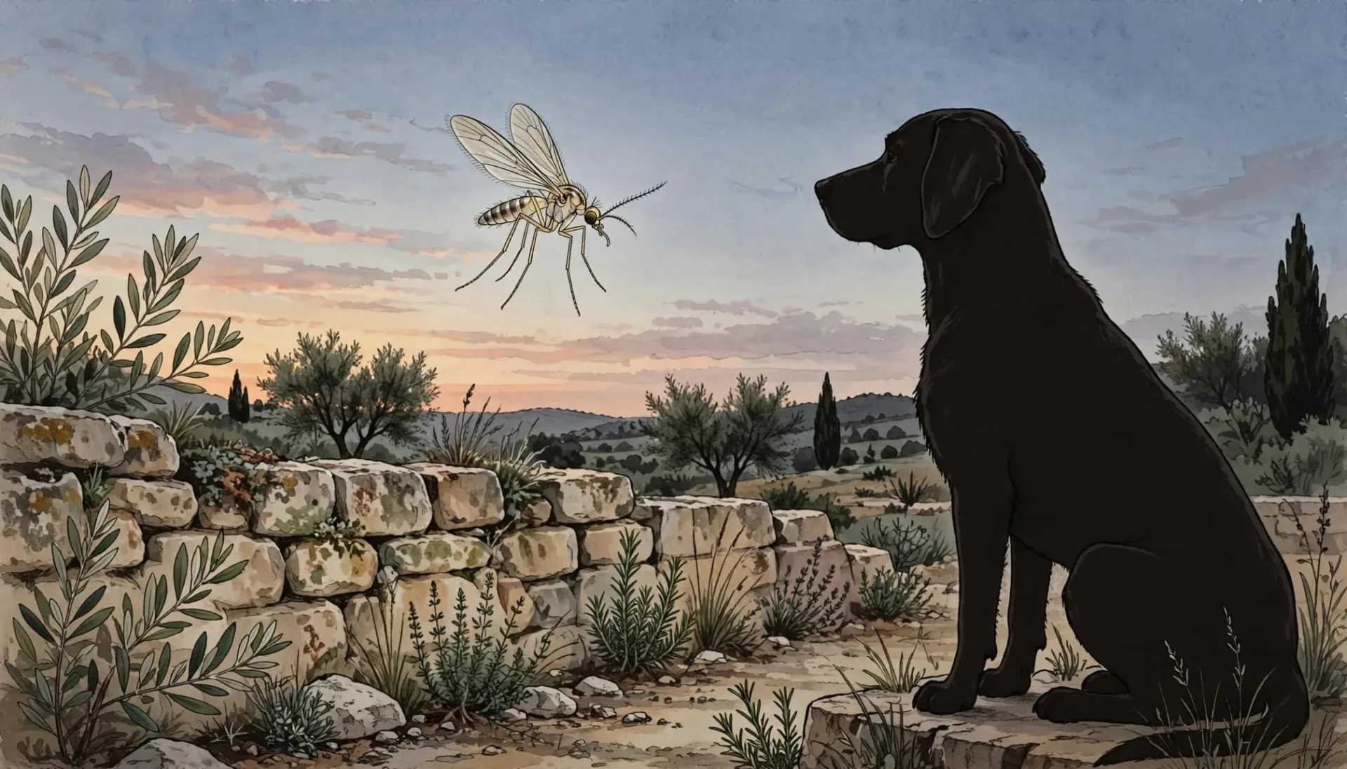 Illustration d'un phl&eacute;botome volant pr&egrave;s d'un chien noir au cr&eacute;puscule.
