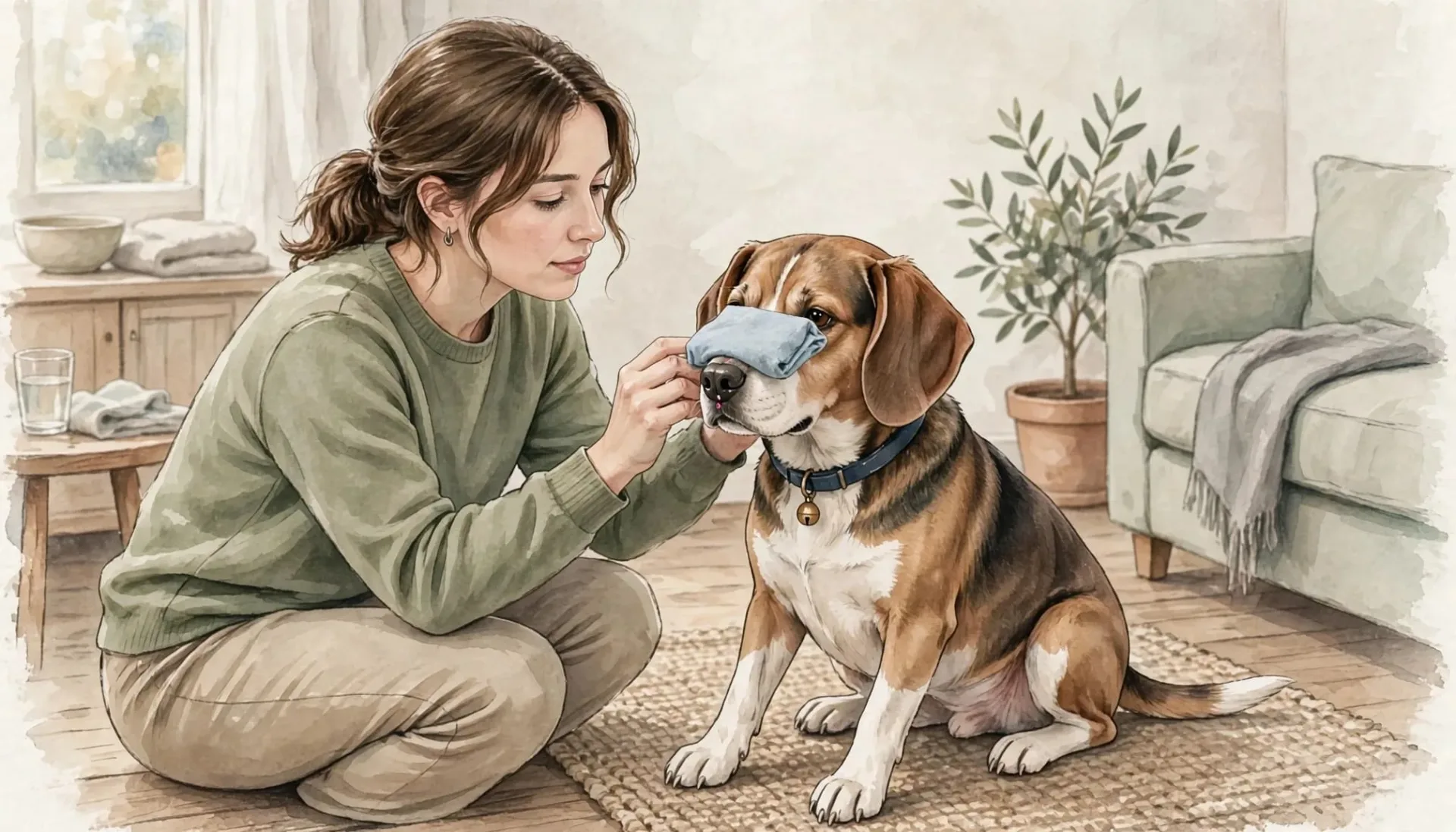 Une femme applique une compresse fraîche sur le museau d'un chien assis dans un salon.