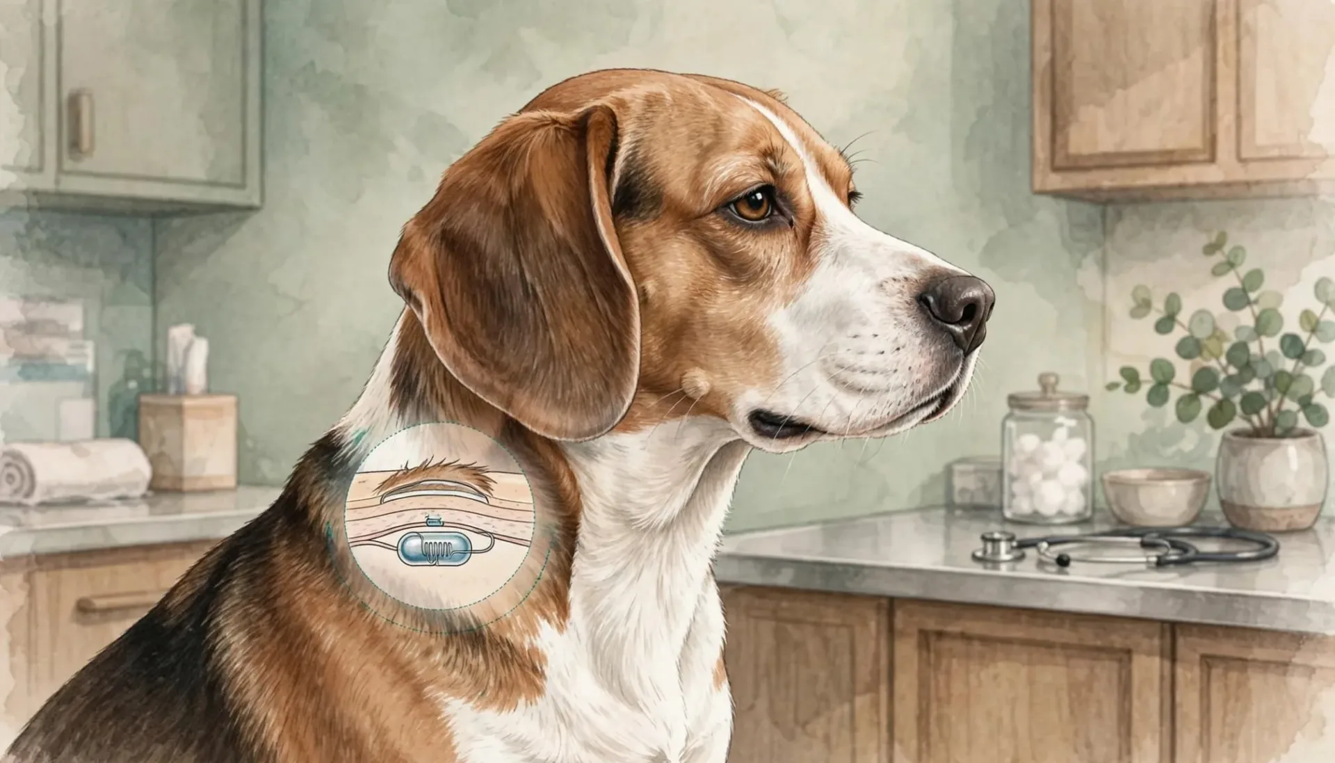 Illustration d'un chien avec un insert montrant une puce sous-cutanée.