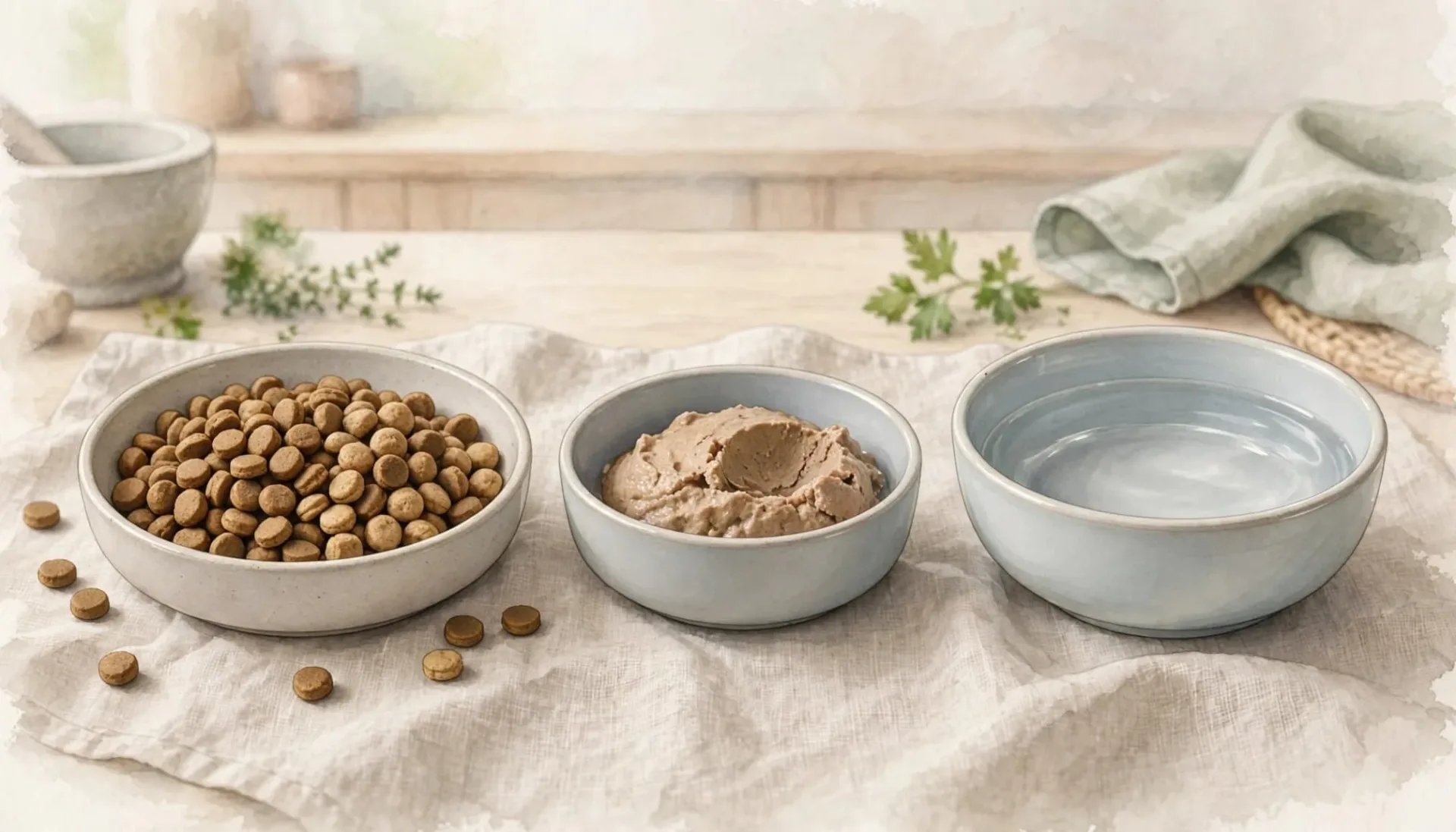 Trois bols sur un linge: croquettes, p&acirc;t&eacute;e et eau.