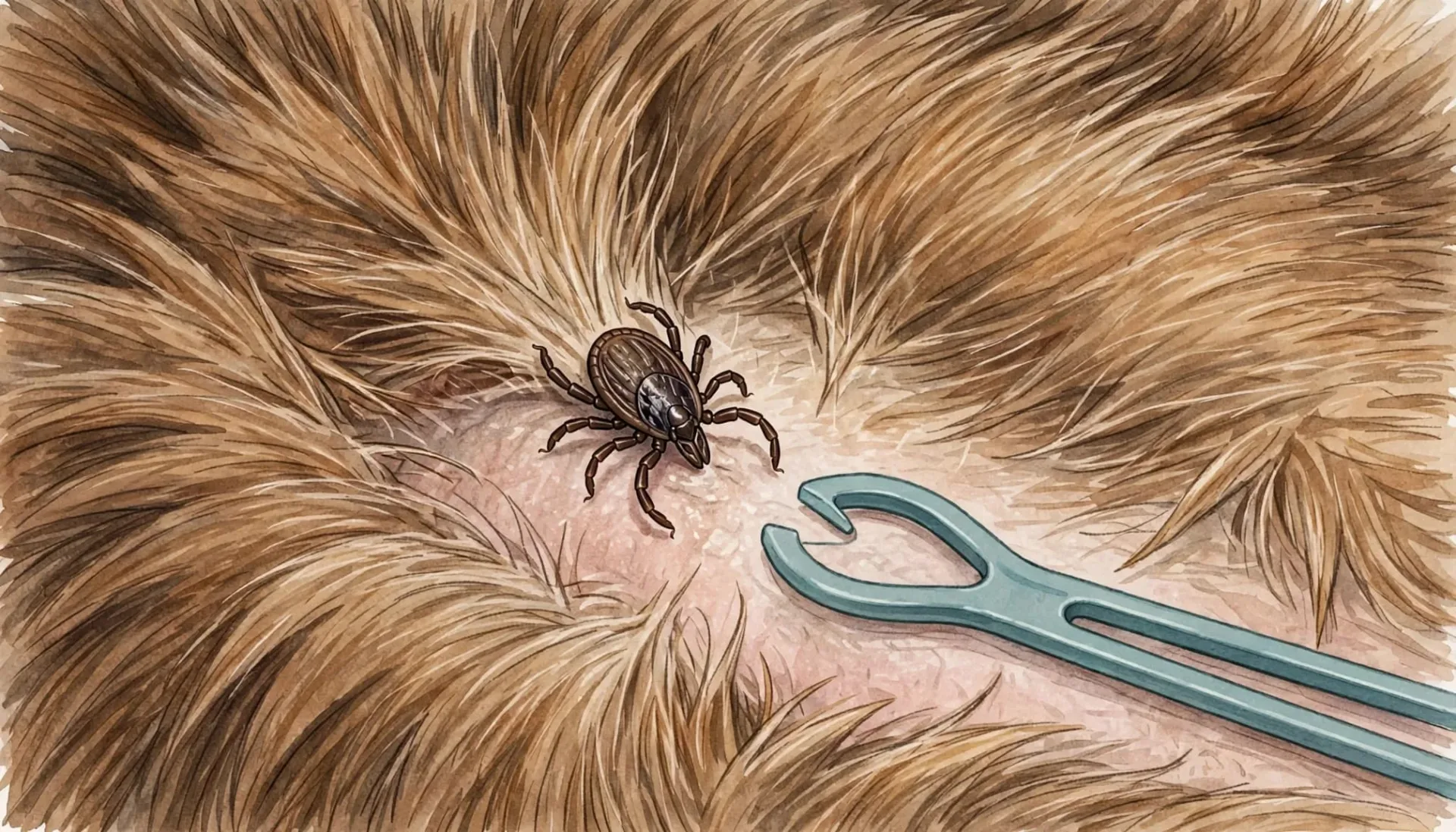 Illustration montrant une tique sur la peau d'un chien et un crochet à tiques.