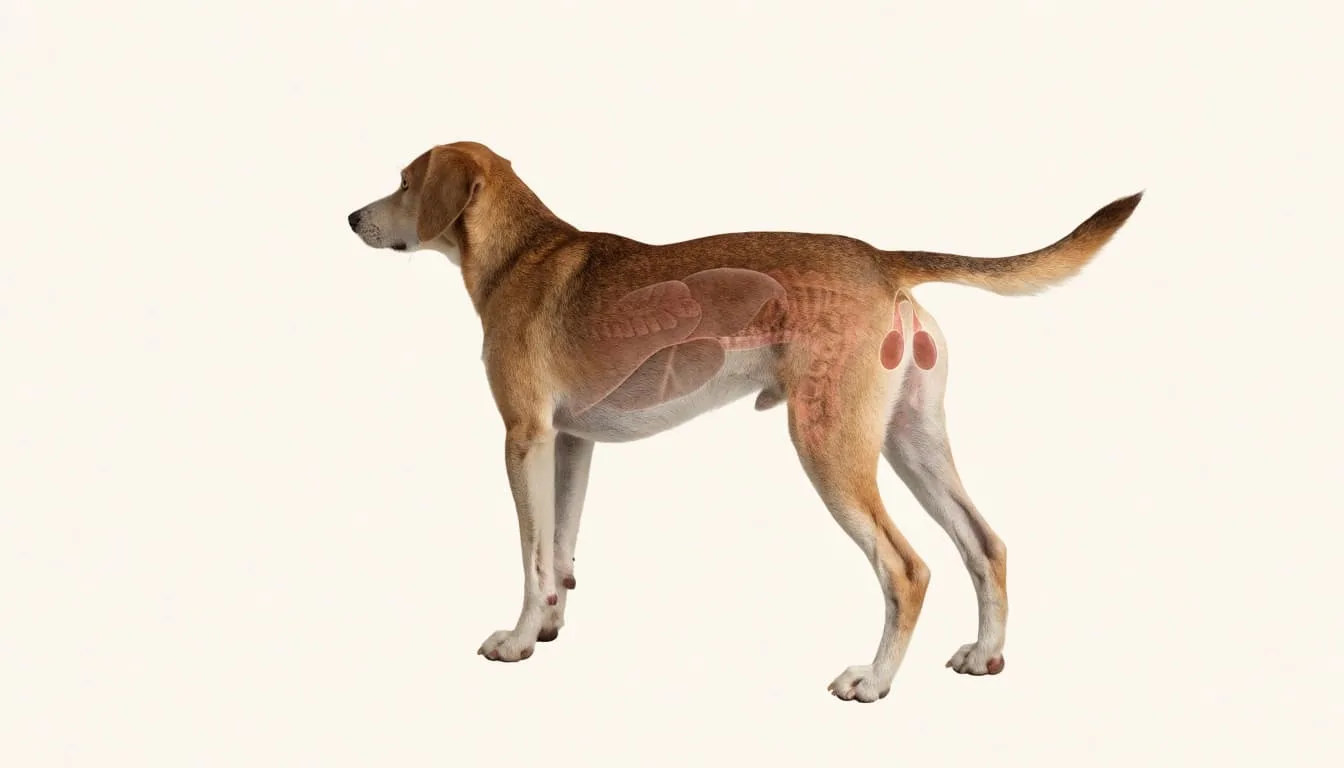 Un chien vu de trois-quarts arrière avec ses sacs anaux représentés discrètement.
