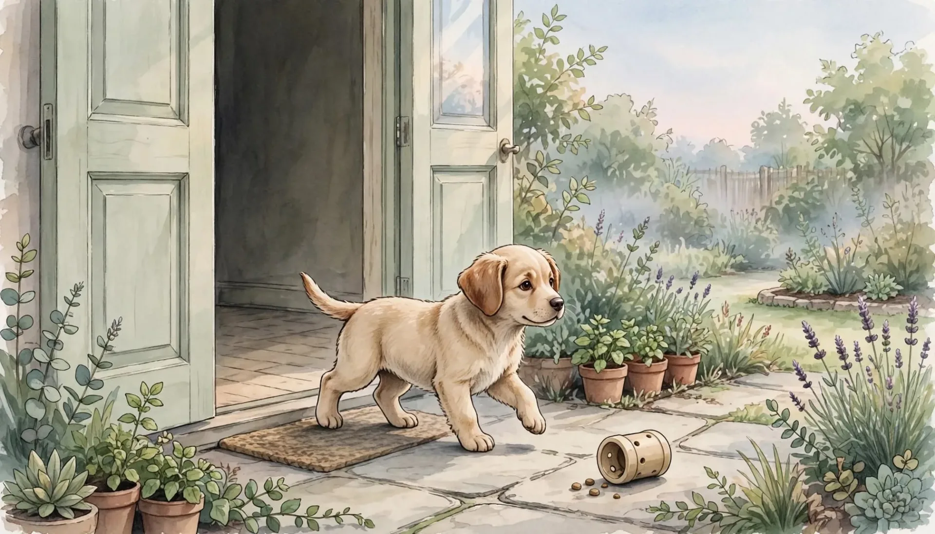 Un chiot doré sort d'une porte ouverte dans un jardin au petit matin.
