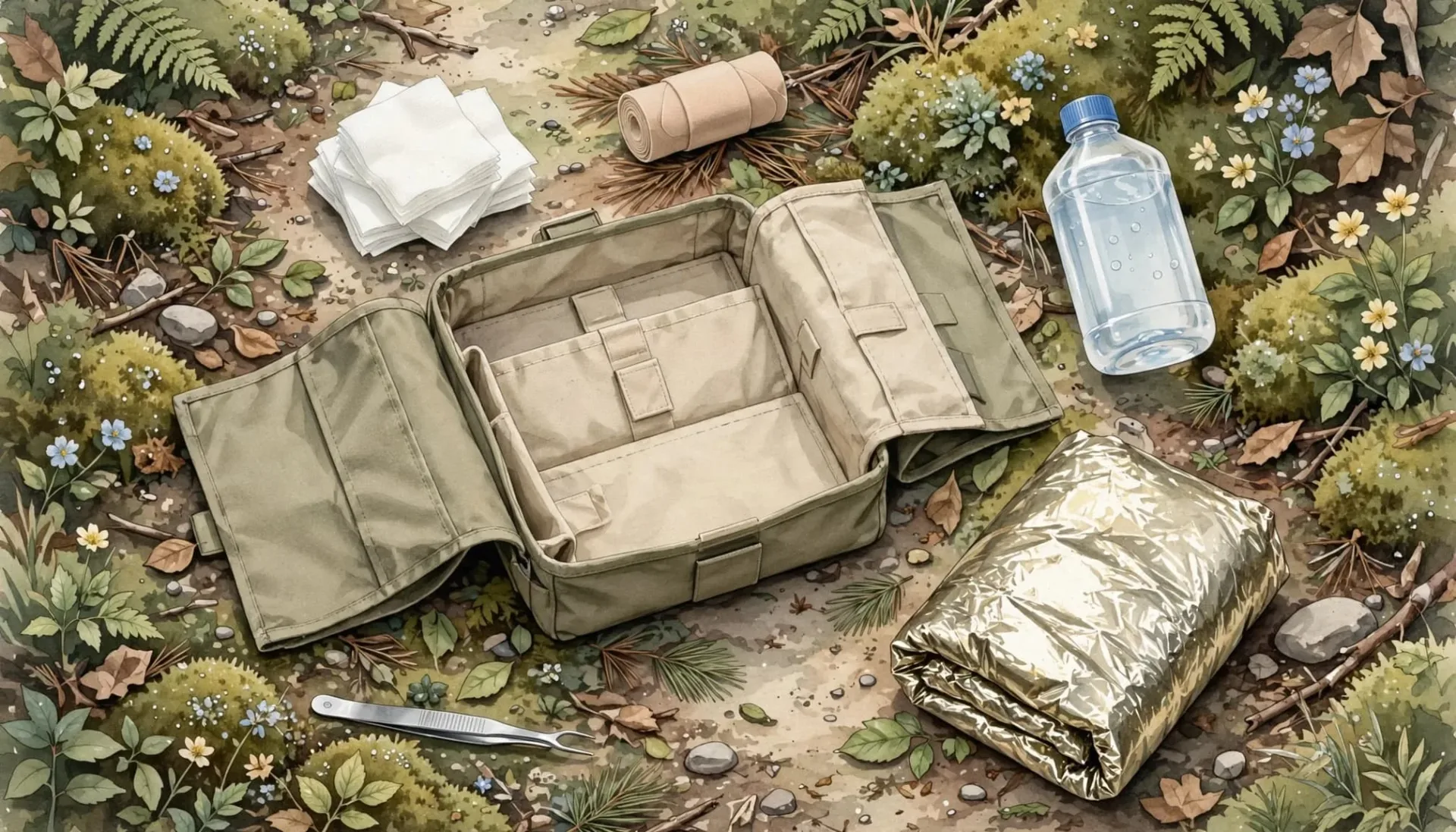 Illustration d'une trousse de secours ouverte sur un sentier avec des accessoires médicaux.